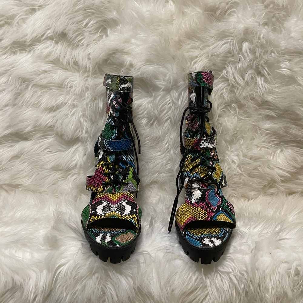 Snake print open toe ankle boots